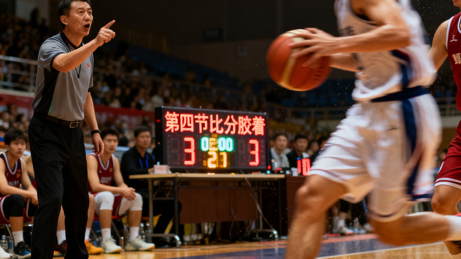 NBA赛场边线视角，球员正在持球突破，场边教练专注指挥，记分牌显示第四节比分胶着。